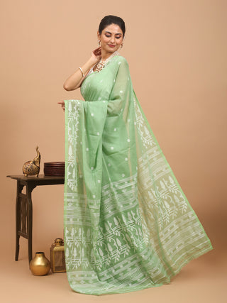 Pista Green Handwoven Pure Mul Cotton Dhakai Jamdani With Off White Geometric Weaves