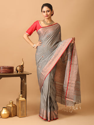 Grey Bengal Handloom Khadi Cotton Banarasi Saree