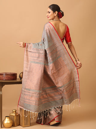 Grey Bengal Handloom Khadi Cotton Banarasi Saree