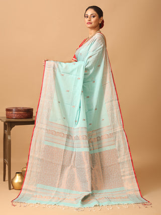 Aqua Blue Bengal Handloom Khadi Cotton Banarasi Saree