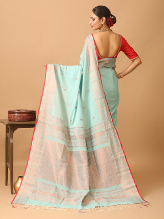 Aqua Blue Bengal Handloom Khadi Cotton Banarasi Saree