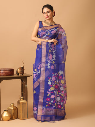 Royal Blue Pure Handloom Bengal Muslin Saree