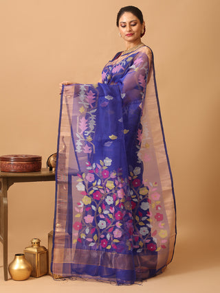 Royal Blue Pure Handloom Bengal Muslin Saree