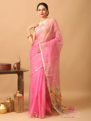 Lotus Pink Pure Handloom Bengal Muslin Saree