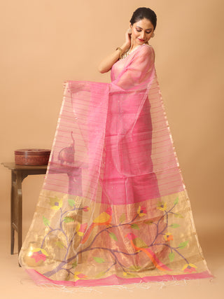 Lotus Pink Pure Handloom Bengal Muslin Saree