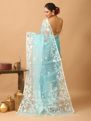 Aqua Blue Bengal Muslin Saree with Off-White Floral Weaves