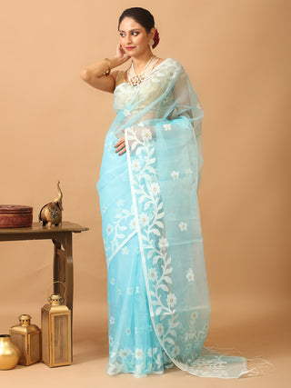 Aqua Blue Bengal Muslin Saree with Off-White Floral Weaves
