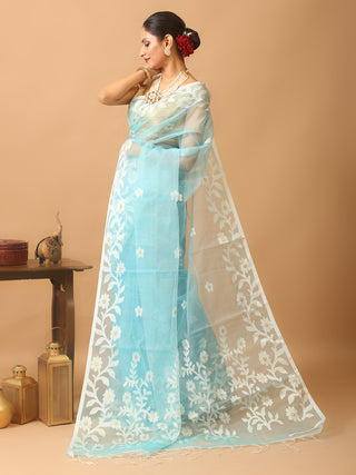 Aqua Blue Bengal Muslin Saree with Off-White Floral Weaves