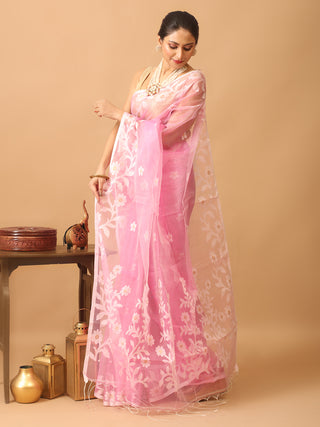 Lotus Pink Bengal Muslin Saree with Off-White Floral Weaves