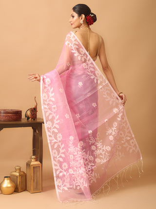 Lotus Pink Bengal Muslin Saree with Off-White Floral Weaves