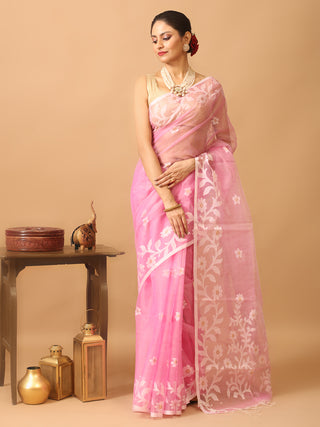 Lotus Pink Bengal Muslin Saree with Off-White Floral Weaves