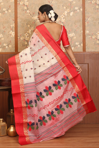 White And Red Silk Tangail Saree with Red Koriyal Border