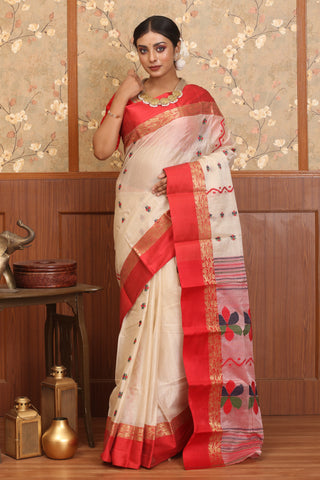 White And Red Silk Tangail Saree with Red Koriyal Border