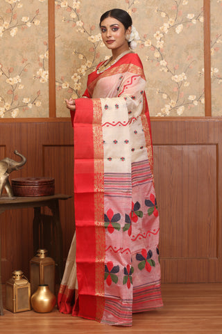 White And Red Silk Tangail Saree with Red Koriyal Border