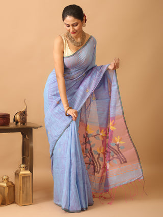 Blue-Pink Dual Tone Semi Matka Muslin Bengal Handloom Saree