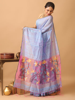 Blue-Pink Dual Tone Semi Matka Muslin Bengal Handloom Saree