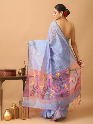 Blue-Pink Dual Tone Semi Matka Muslin Bengal Handloom Saree