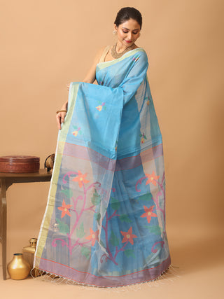 Sky Blue Semi Matka Muslin Bengal Handloom Saree
