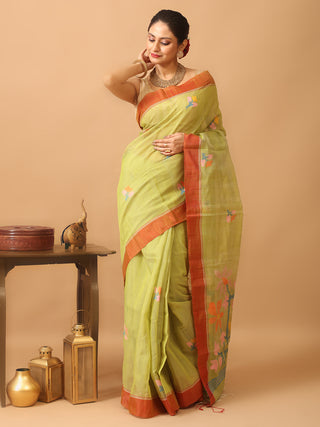 Lemon Green Semi Matka Muslin Bengal Handloom Saree