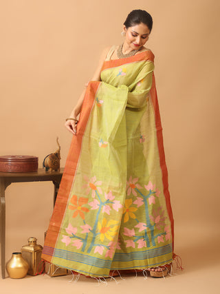Lemon Green Semi Matka Muslin Bengal Handloom Saree