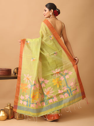 Lemon Green Semi Matka Muslin Bengal Handloom Saree