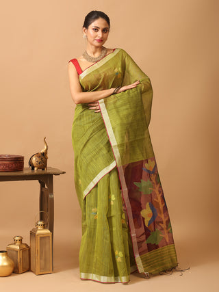 Olive Green Semi Matka Muslin Bengal Handloom Saree