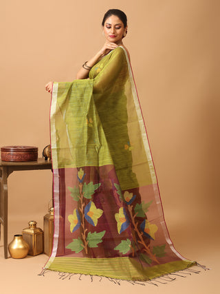 Olive Green Semi Matka Muslin Bengal Handloom Saree
