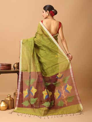Olive Green Semi Matka Muslin Bengal Handloom Saree