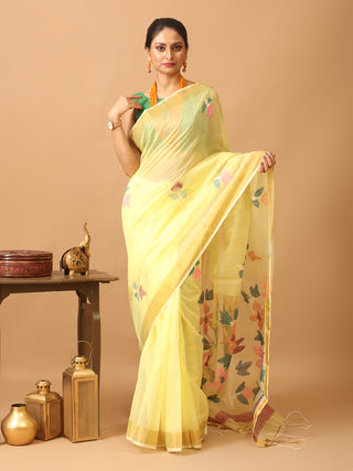 Yellow Semi Matka Muslin Bengal Handloom Saree
