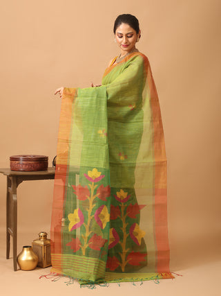 Olive Green Semi Matka Muslin Bengal Handloom Saree