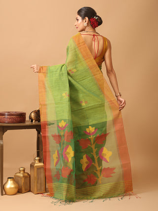 Olive Green Semi Matka Muslin Bengal Handloom Saree