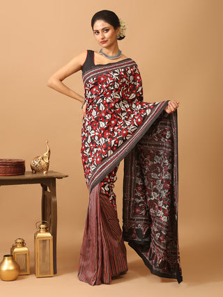 Black and Red Pure Bishnupur Katan Silk Saree With Hand Kantha Embroidery