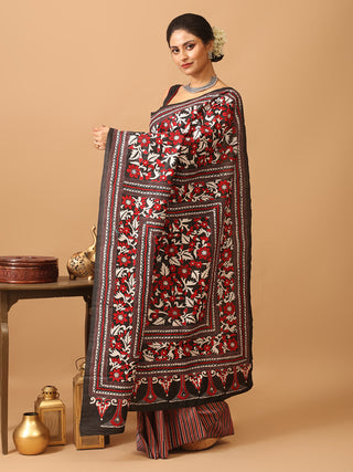 Black and Red Pure Bishnupur Katan Silk Saree With Hand Kantha Embroidery