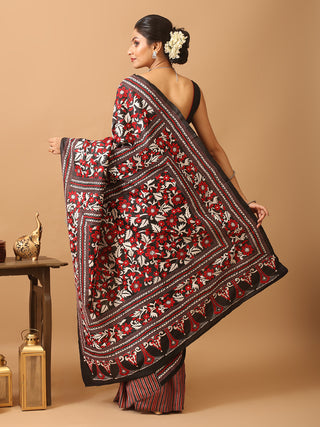 Black and Red Pure Bishnupur Katan Silk Saree With Hand Kantha Embroidery