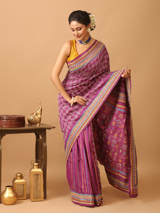 Purple Colour Pure Bishnupur Katan Silk Saree With Hand Kantha Embroidery