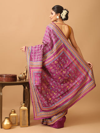 Purple Colour Pure Bishnupur Katan Silk Saree With Hand Kantha Embroidery