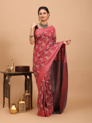 Brick-Red Pure Bishnupur Katan Silk Saree Featuring Hand Kantha Embroidery