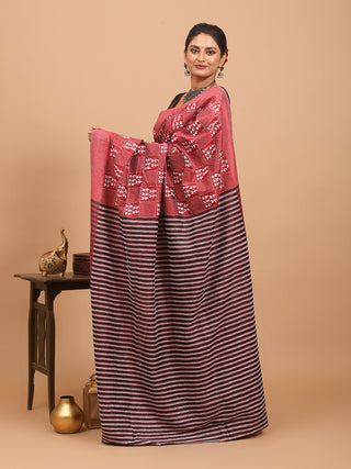 Brick-Red Pure Bishnupur Katan Silk Saree Featuring Hand Kantha Embroidery