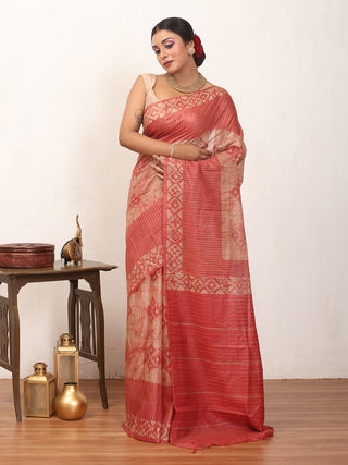 Beige And Brick Red Kota Banswara Saree with Hand Batik