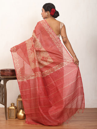 Beige And Brick Red Kota Banswara Saree with Hand Batik