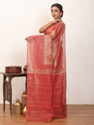 Beige And Brick Red Kota Banswara Saree with Hand Batik
