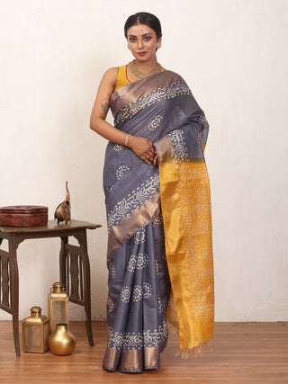 Greyish Blue and Yellow Kota Viscose Saree with Zari Border And Hand Batik