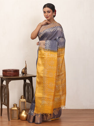 Greyish Blue and Yellow Kota Viscose Saree with Zari Border And Hand Batik