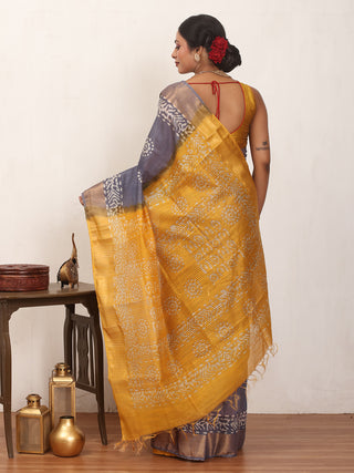 Greyish Blue and Yellow Kota Viscose Saree with Zari Border And Hand Batik