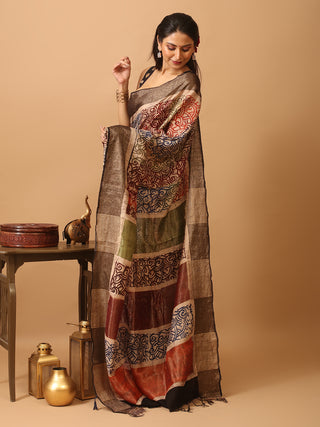 Beige Base Khadi Silk Saree with Multicoloured Hand Batik