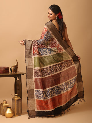 Beige Base Khadi Silk Saree with Multicoloured Hand Batik