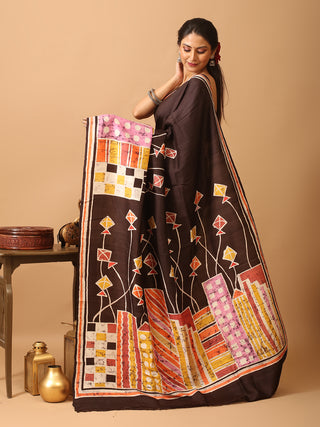 Black Base Murshidabad Silk Saree with Kite Flying Motifs