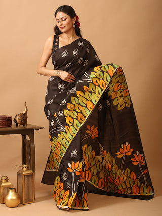 Black Base Murshidabad Silk Saree with Multicoloured Hand Batik