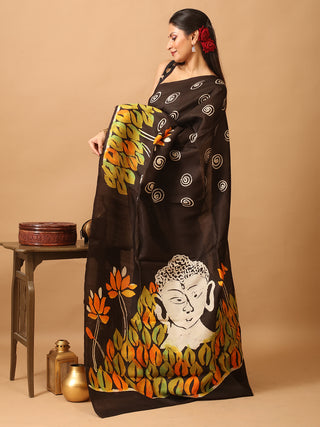 Black Base Murshidabad Silk Saree with Multicoloured Hand Batik