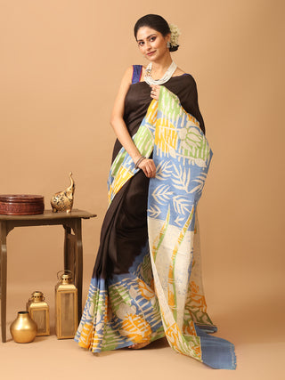 Black Base Murshidabad Silk Saree with Intricate Hand Batik
